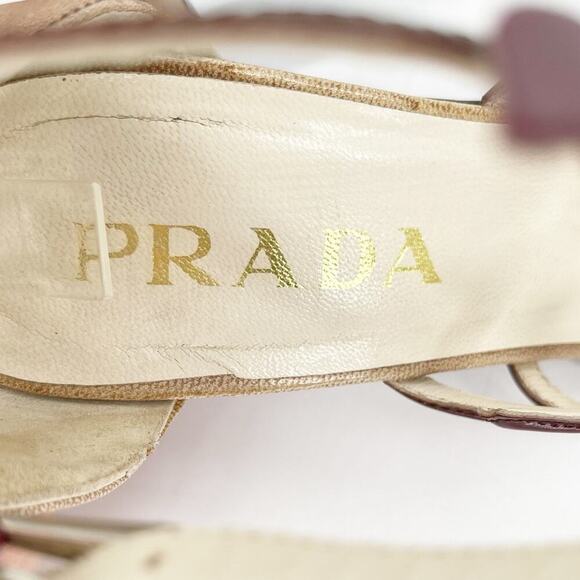 Prada Vintage S/S 1997 Beige Burgundy Leaf Detail Block Heel Sandal size IT 36.5 - Picture 11 of 13